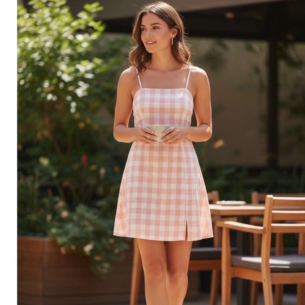 BP Pink White Plaid Mini Dress Sundress Coquette Preppy Barbiecore Gingham Girly